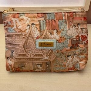 Jim Thompson Thai Silk Zipper Pouch Village Print Toiletry Cosmetic Travel Bag